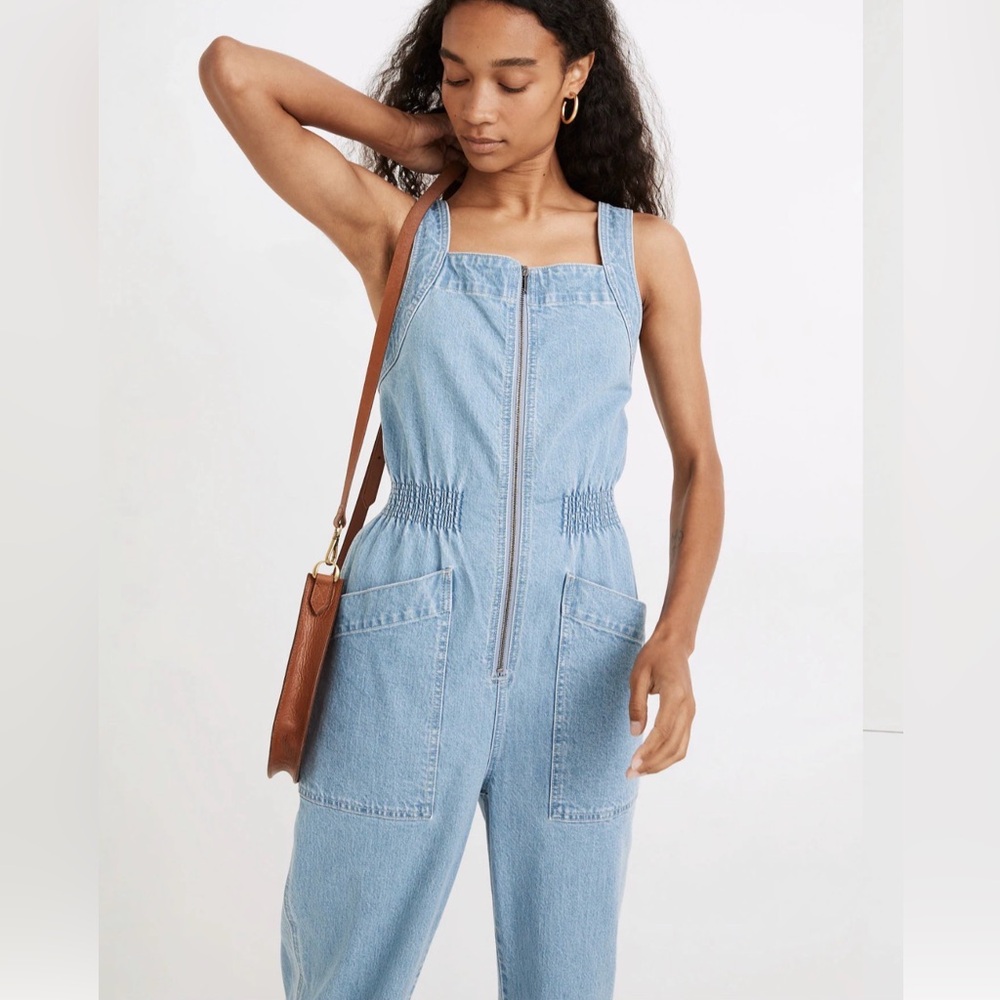 Madewell Denim Zip Smock-Waist Jumpsuit in Baisley Wash Size Large - Picture 2 of 15